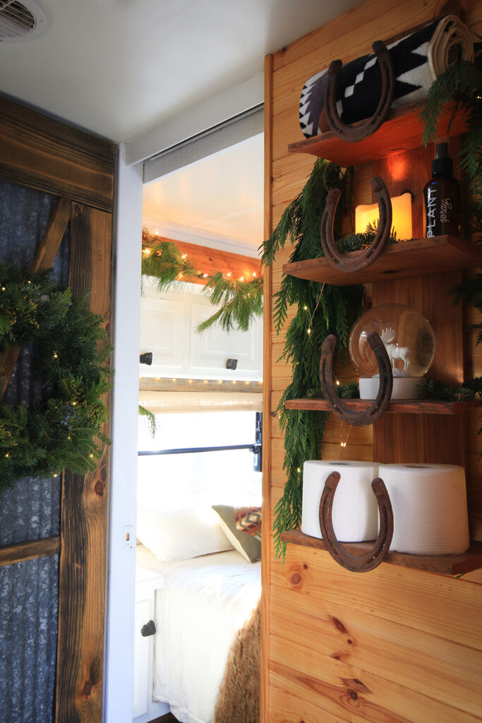RV bathroom decorated for Christmas