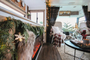 RV living room decorated for Christmas