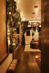 motorhome decorated for Christmas as night