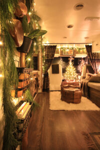 motorhome decorated for Christmas as night