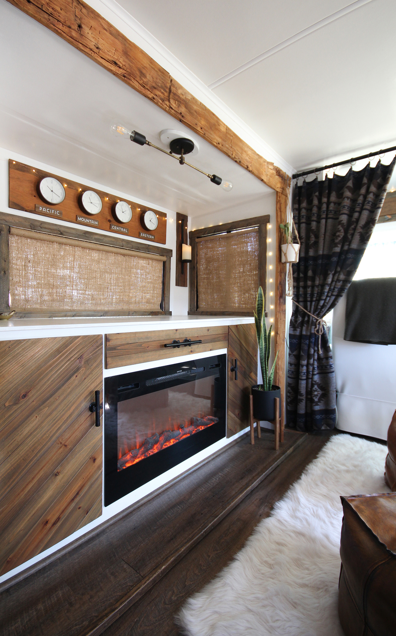 diy burlap roller shade rolled down on RV windows