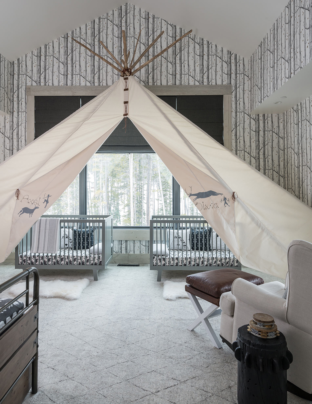 modern rustic nursery design with teepee and birch wallpaper