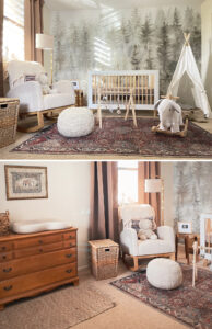 rustic and refined nursery with tree wallpaper