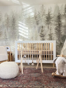 nursery with foggy evergreen trees wallpaper