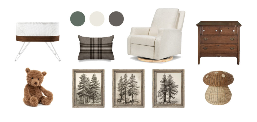 rustic and refined nursery nook mood board
